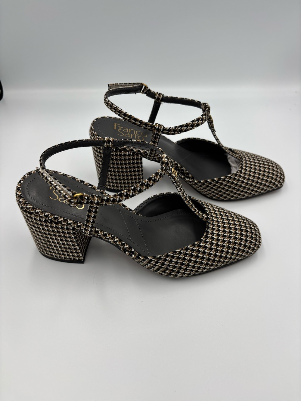 Franco Sarto Houndstooth Mary Jane T-Strap Pumps Block Heel Size 7 NWT